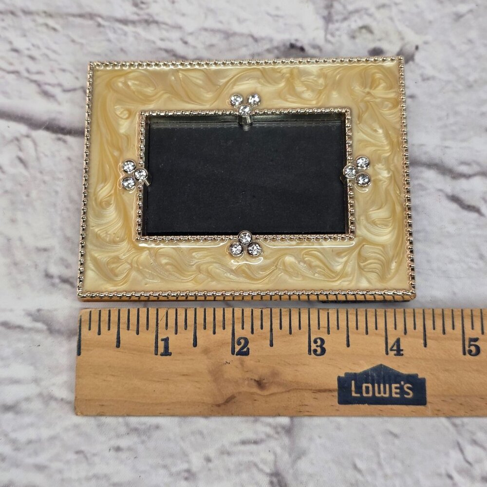 Vtg Golden Marbelized Art Deco Rhinestone Beading Edge Trim Photo Frame 1.5X 2.5 - Picture 6 of 9